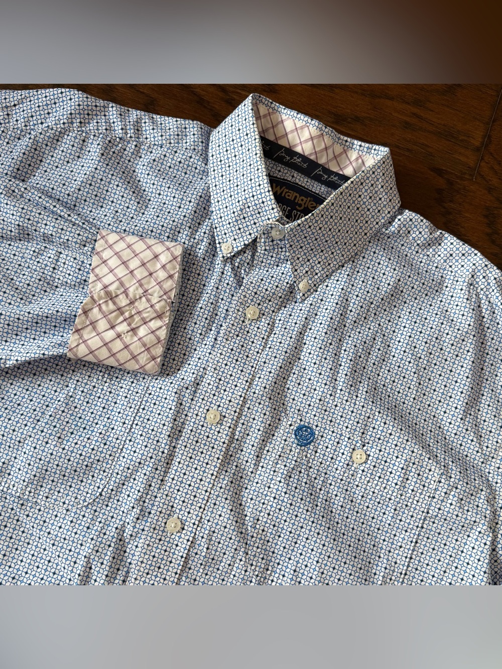 Wrangler George Strait Collection Shirt Men's Large Blue Print Western Button Up